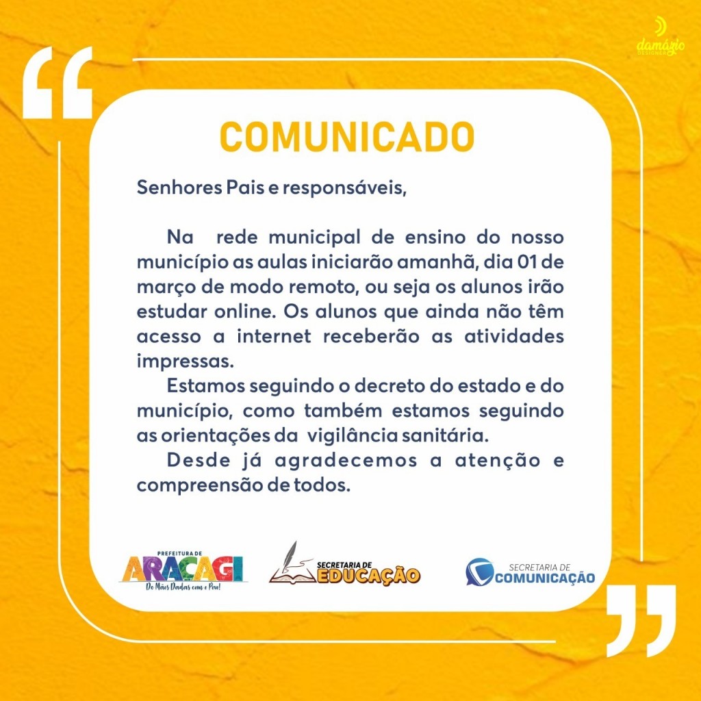 Aulas na rede municipal tiveram inicio nesta segunda (01) de forma remota