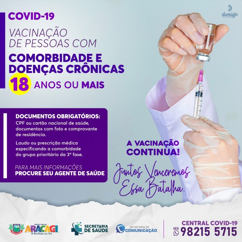 Araçagi está vacinando contra a COVID-19 as pessoas com 18 anos ou mais com comorbidades