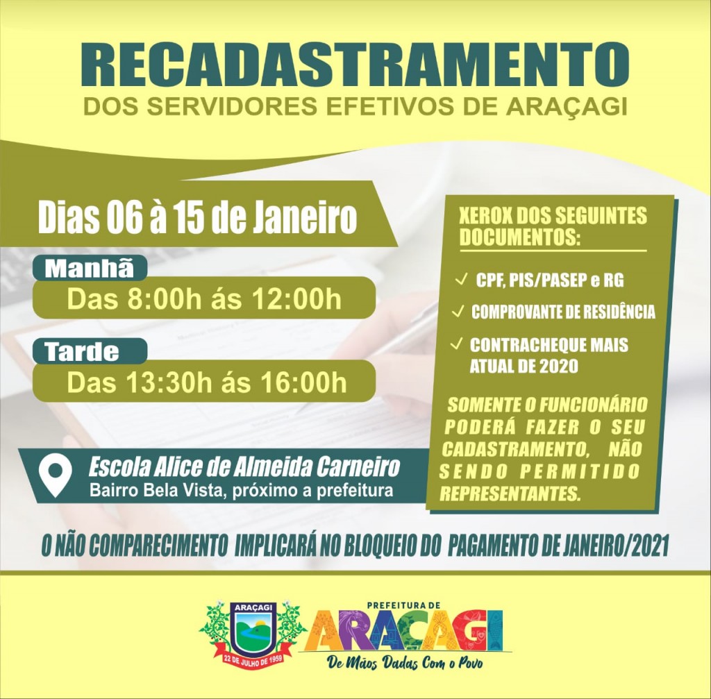 Prefeitura de Araçagi convoca servidores efetivos para recadastramento