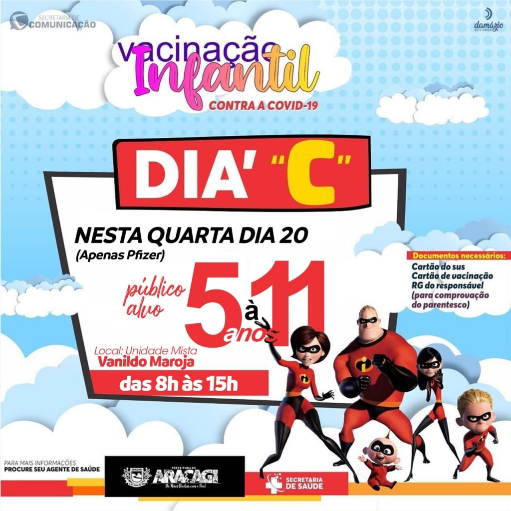 Secretaria de Saúde realizará mais um dia C de vacinação infantil contra a COVID-19 neste quarta (20)